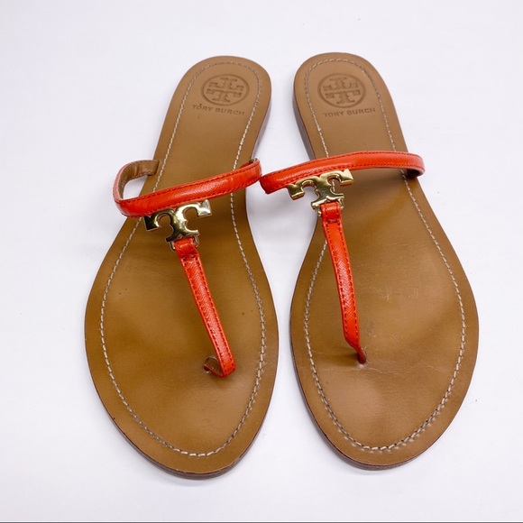 Tory Burch T Logo Orange Patent Leather Sandals - Picture 2 of 5